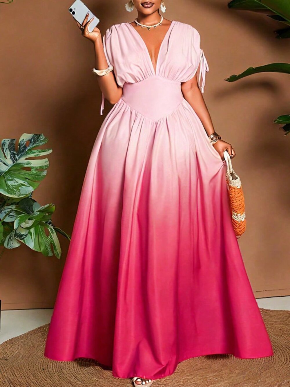 Multicolor Casual Women's Plus Size Ombre Tie-Front V-Neck A-Line Maxi Dress - Picture 5 of 7